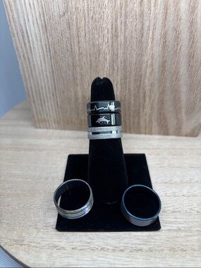 Black Stainless Steel Men's Ring Set with Fish and Wave Engravings